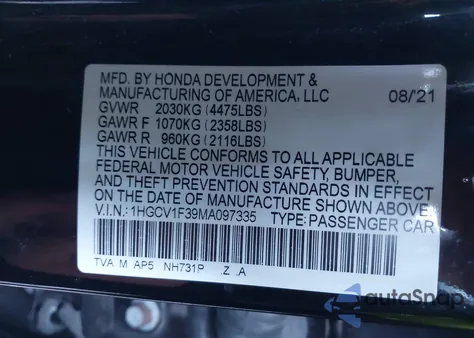 2021 Honda Accord Sport из США, поврежденный, VIN 1HGCV1F39MA097335